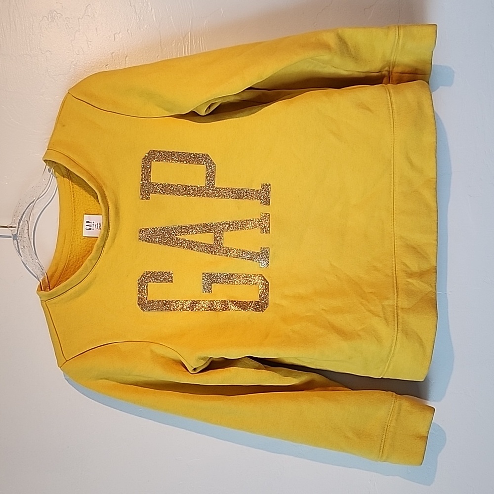 Girls pullover sweatshirt deep yellow w/gold shimmer glitter logo size XXL 14-16